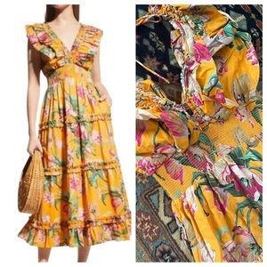 Love the Label topanga floral yellow tiered ruffle cotton midi dress S